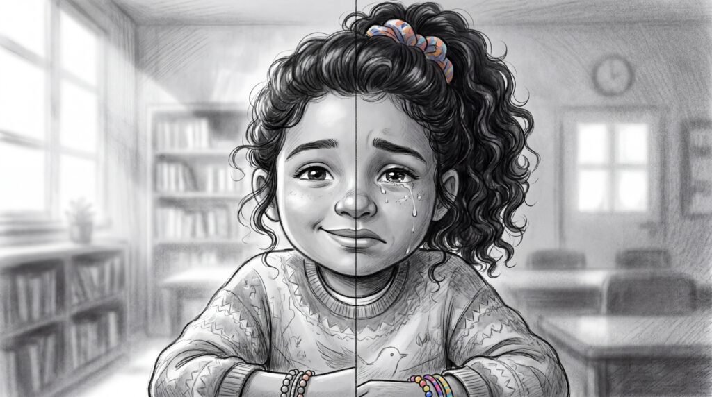 petite fille moitié heureuse moitié triste